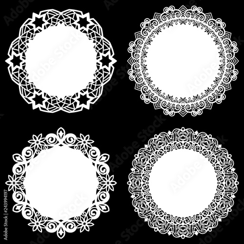Set of design elements, lace round paper doily, doily to decorate the cake, template for cutting, snowflake, greeting element, metal plate cut by laser, vector illustrations
