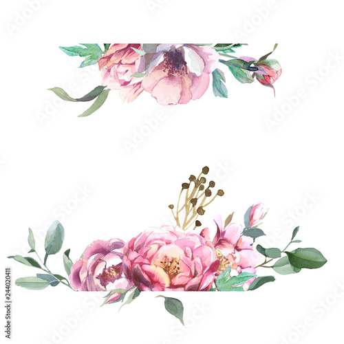 Watercolor frame of peony and blosom flowers isolate in white background. Floral element for wedding and invitation cards, for valentine cards and prints
