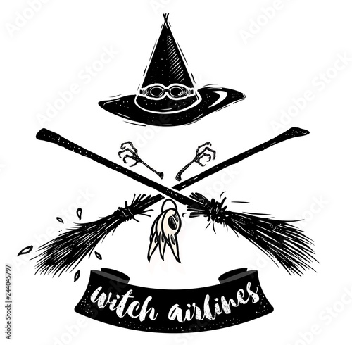 Witch hat with gogles and two crossed broomsticks. Logo emblem or t-shirt print