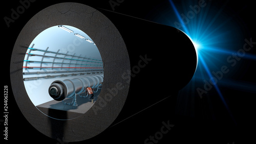 Sezione 3d del tunnel del Cern. Organizzazione europea per la ricerca nucleare. E’ il più grande laboratorio al mondo di fisica delle particelle. 3d rendering. Svizzera, Francia