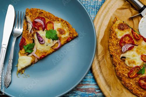 Pizza with blat of sweet potato and oat seeds