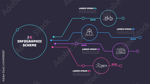 Thin line infographic scheme with 4 options. Vector template for