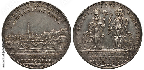 Germany German City of Freiburg silver coin 1 one reichsthaler 1739, city view behind fields with channels, figures of bishop and warrior holding shields, date above,