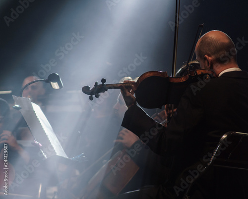 This captivating photo features an orchestra in full swing, with a talented violinist taking center stage. The lighting and atmosphere of the setting create a mystical and enchanting mood