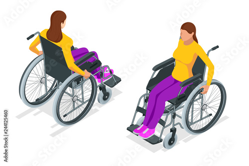 Isometric woman in a wheelchair using a ramp isolated. Chair with wheels, used when walking is difficult or impossible due to illness, injury, or disability. Medical support equipment.