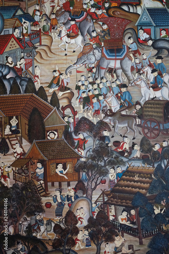 Thai painting: Murals with ancient Thai characteristics In a church at a temple in northern Thailand
