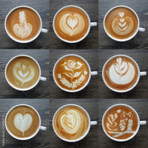 Collection of top view of latte art coffee mugs on timber background.