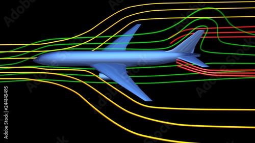 Air flow around airplane body. 3d render wind tunnel design concept .Side view