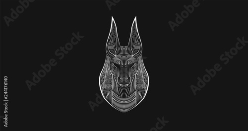 Gods of Ancient Egypt. Anubis Jackal-Headed god of funerals and death. Black and white digital lineart. Ancient logotype. Abstract hieroglyph. Egyptian poster.