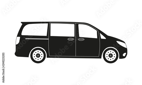 Minivan car icon. Side view. Family minibus vehicle silhouette. Black van car. Vector illustration.