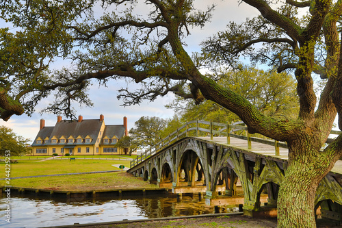 The historic landmark footbridge in Currituck Heritage Park leads to the Whalehead Club. This is located in the Outer Banks of North Carolina. 