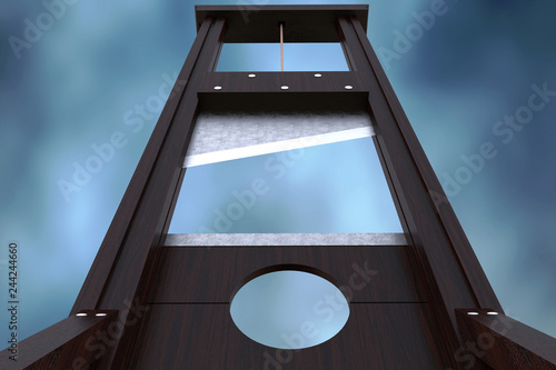Guillotine instrument for inflicting capital punishment by decapitation and dramatic cloud background. Old wooden instrument for execution. Close up 3d Rendering illustration