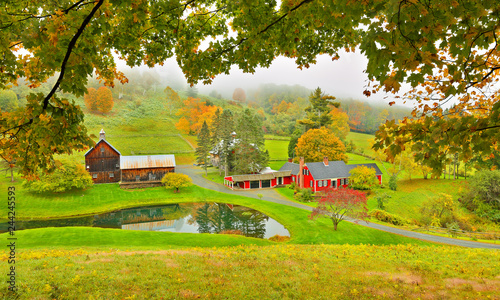 Overlooking a peaceful New England Farm in the autumn, Woodstock, Vermont, USA