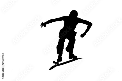  Silhouettes skateboarder on white background.