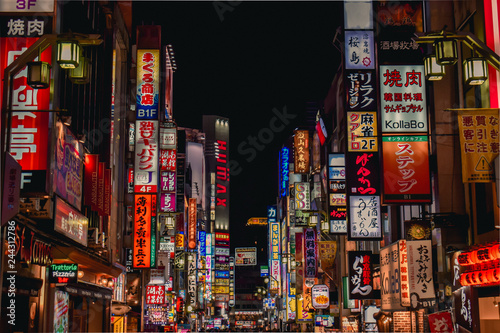 Colorful neon advertisement boards, Kabukicho Shinjuku, Tokyo, Japan