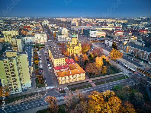 Beautiful panoramic aerial view to Cathedral of St. Mary Magdalene, Warsaw from dron DJI Mavic Air