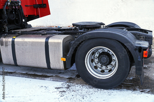 View of the chassis part of the truck. Visible fifth wheel couplings are fitted to a tractor unit to connect it to the trailer.