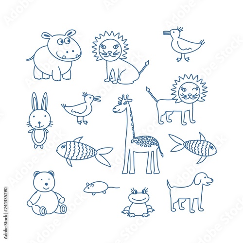 Children's doodle animals set. Hippopotamus, lion, dog, fish, bird, bear cub, giraffe, frog, rabbit. Vector illustration