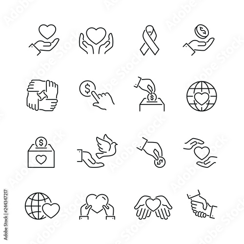 Support and donation related icons: thin vector icon set, black and white kit