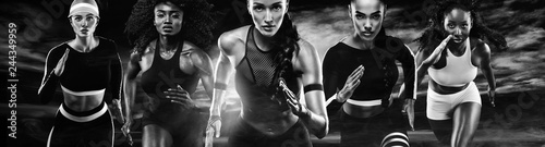 Group of five strong athletic women, sprinters, running on dark background wearing in the sportswear, fitness and sport motivation. Runner concept.