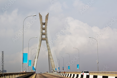 Lekki - Ikoyi toll bridge, Lagos, Nigeria. Cable-stayed bridge, transportation infrastructure.