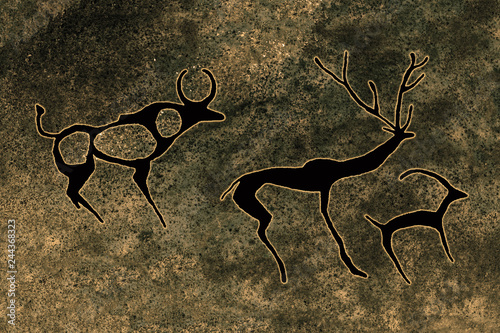 image of ancient animals on the cave wall. history of antiquities, archeology.