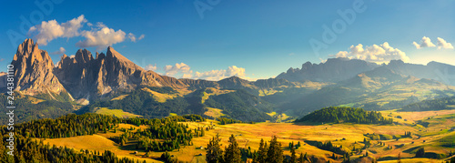 Alpe di Siusi or Seiser Alm and Sassolungo mountain, Dolomites Alps, Italy.