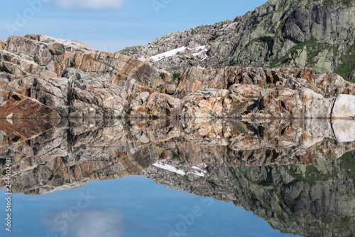 Alpine mountains reflecting symmetrically in lake Lacs Noirs in summer