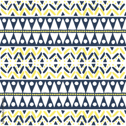 Seamless african pattern of blue and yellow colors on white base. Geometric hand drawn vector print.