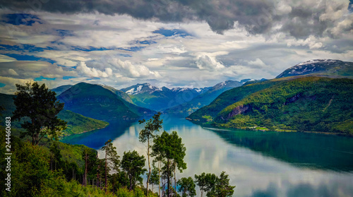 Landscape panoramic view to innvikfjorden, innvik and utvik village, Norway