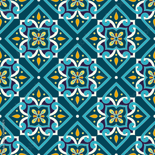 Mexican tile pattern seamless vector with vintage ornaments. Portuguese azulejos, mexico talavera, italian sicily majolica, spanish motif. Texture background for kitchen or bathroom flooring ceramic.