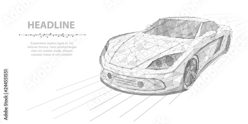 Car. Vector polygonal wireframe high speed motion car isolated on white illustration. Abstract background.