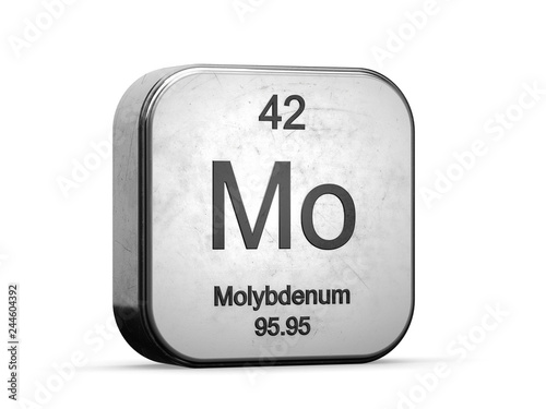 Molybdenum element from the periodic table series. Metallic icon set 3D rendered on white background