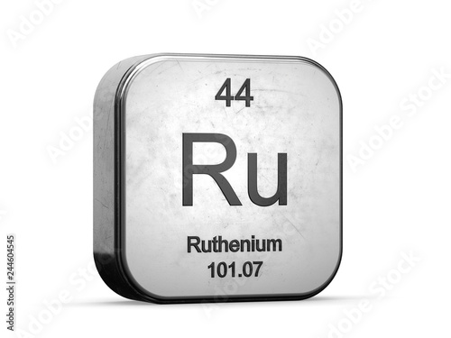 Ruthenium element from the periodic table series. Metallic icon set 3D rendered on white background