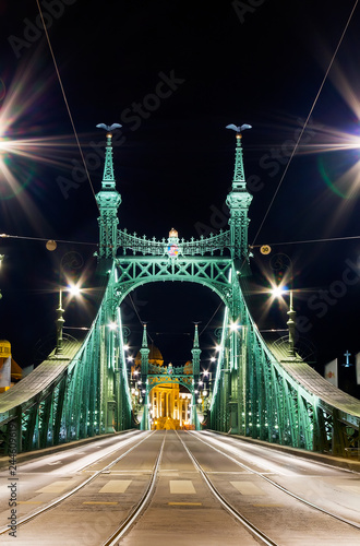Illuminated Liberty Bridge in the evening Budapest