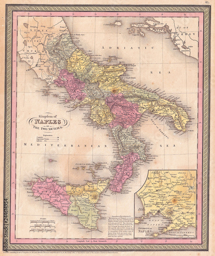 1853, Mitchell Map of Southern Italy, Naples, Sicily