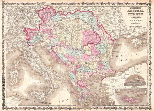 1863, Johnson Map of Austria, Hungary, Turkey, Italy and Greece