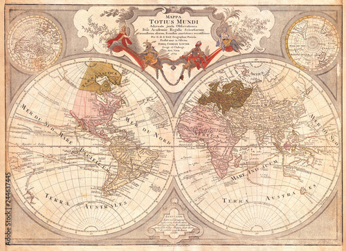 1775, Lotter Map of the World on a Hemisphere Projection
