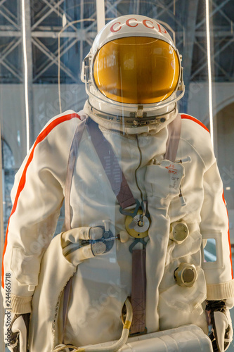 Moscow, Russia - November 28, 2018: Russian astronaut spacesuit in Moscow space museum that was specially developed for early space vehicle missions