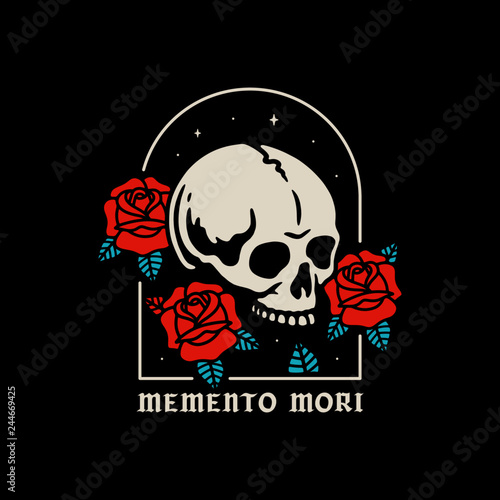 SKULL WITH ROSES MEMENTO MORI COLOR BLACK BACKGROUND