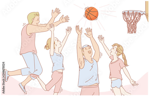 Basketball friends playing basketball, jumping, smiling faces have fun. Holiday activities together. Spring of sports. People playing outdoor activities on vacation enjoying. vector Hand drawing.