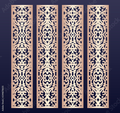 Laser cut decorative lace borders patterns. Set of bookmarks templates. Cabinet fretwork panel. Lasercut metal screen. Wood carving. Vector.