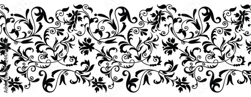 Seamless black and white vintage floral border