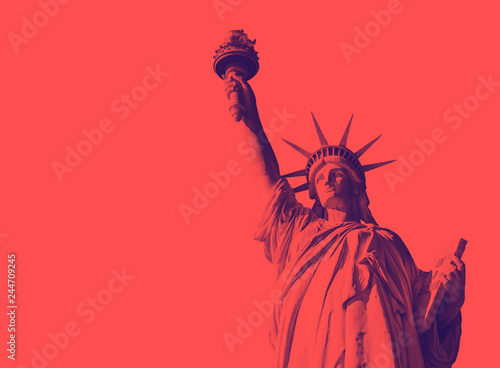 Bottom view of the famous Statue of Liberty, icon of freedom and of the United States. Red duotone effect