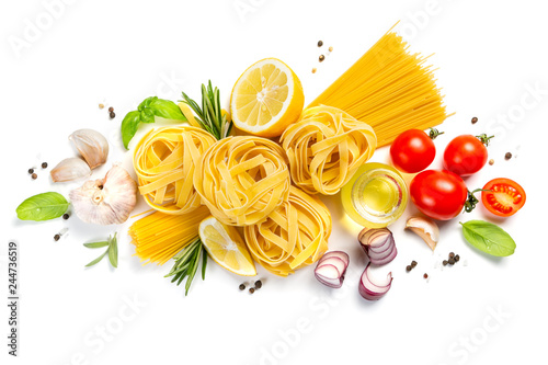 Italian cuisine concept - raw pasta and ingredients. Healthy vegetarian diet, isolated on white