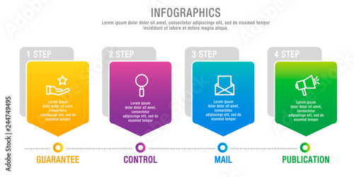 Modern 3D vector illustration. Pentagon step lable infographic template with four elements and icons. Designed for business, presentations, marketing, websites, workflow layout, 4-step diagrams