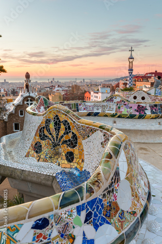 Sunrise view of the Park Guell designed by Antoni Gaudi, Barcelona