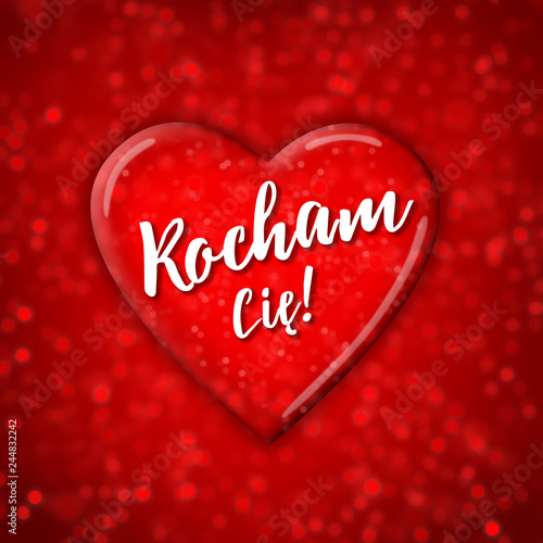 Glamour valentine's card with red shimmering heart on red sparkling background with text "Kocham Cię!"