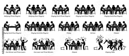 People playing game card, poker card, and mahjong on the table. Pictogram depicts different number of players, reactions, emotions, feelings, and actions of the men who are playing the game card.