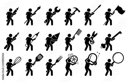 Stick figure stick man using various tools, and equipments. It includes writing and drawing instruments, mechanic tools, cooking utensils, and other objects.